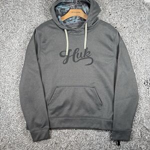 HUK Pullover Hoodie Womens Large Gray Activewear Winter Fishing Drawstring Beach